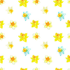 Watercolor floral seamless pattern with yellow narcissus on white background. Bright botanical print.