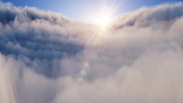 Flight above clouds at sunset. Weather and forecast concept. Looping animation