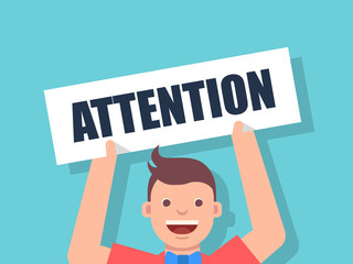 man, holding blank banner. Flat design