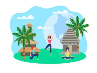 Girls doing yoga on the background of palm trees and pagodas Asian landscape
