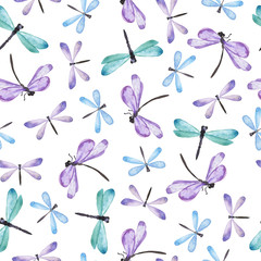 Seamless pattern with blue and lilac dragonfly on white background. Hand drawn watercolor illustration. 