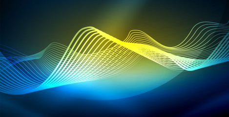 Glowing abstract wave on dark, shiny motion, magic space light. Vector techno abstract background