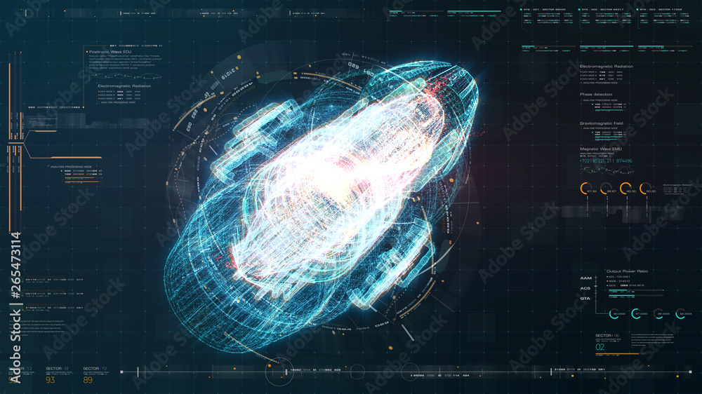 Aufkleber Advance motion graphic futuristic user interface head up display screen with Holographic electromagnetic machine with gravitational fields energy particles wave and digital data telemetry information 