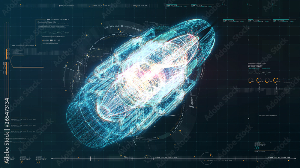 Aufkleber Advance motion graphic futuristic user interface head up display screen with Holographic electromagnetic machine with gravitational fields energy particles wave and digital data telemetry information 