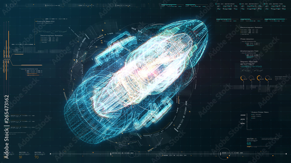 Poster Advance motion graphic futuristic user interface head up display screen with Holographic electromagnetic machine with gravitational fields energy particles wave and digital data telemetry information 