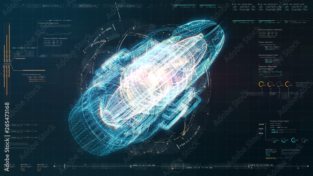 Fototapete Advance motion graphic futuristic user interface head up display screen with Holographic electromagnetic machine with gravitational fields energy particles wave and digital data telemetry information 