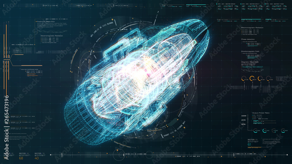 Fototapete Advance motion graphic futuristic user interface head up display screen with Holographic electromagnetic machine with gravitational fields energy particles wave and digital data telemetry information 