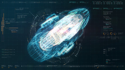 Advance motion graphic futuristic user interface head up display screen with Holographic electromagnetic machine with gravitational fields energy particles wave and digital data telemetry information 