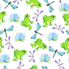 Seamless pattern with blue and lilac dragonfly, green frogs and blue lake flowers on white background. Hand drawn watercolor illustration.