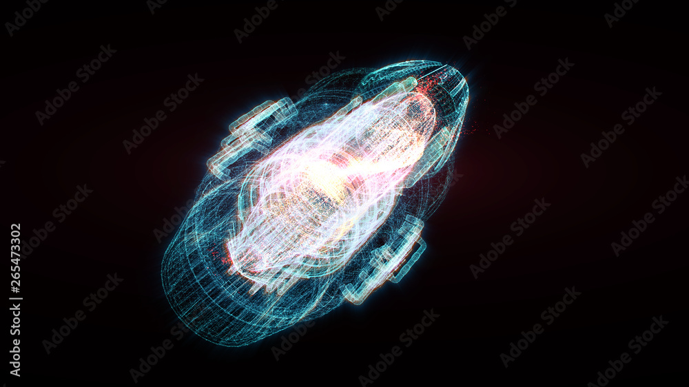 Poster Advance motion graphic futuristic user interface head up display screen with Holographic electromagnetic machine with gravitational fields energy particles wave and digital data telemetry information 