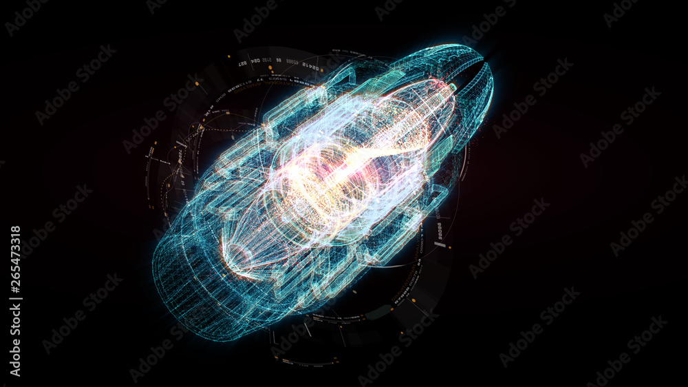 Leinwandbilder Advance motion graphic futuristic user interface head up display screen with Holographic electromagnetic machine with gravitational fields energy particles wave and digital data telemetry information 