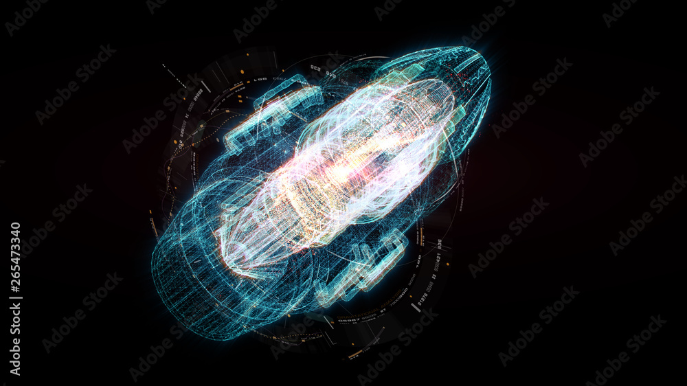 Fototapete Advance motion graphic futuristic user interface head up display screen with Holographic electromagnetic machine with gravitational fields energy particles wave and digital data telemetry information 