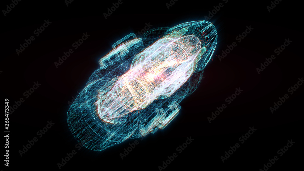 Fototapete Advance motion graphic futuristic user interface head up display screen with Holographic electromagnetic machine with gravitational fields energy particles wave and digital data telemetry information 