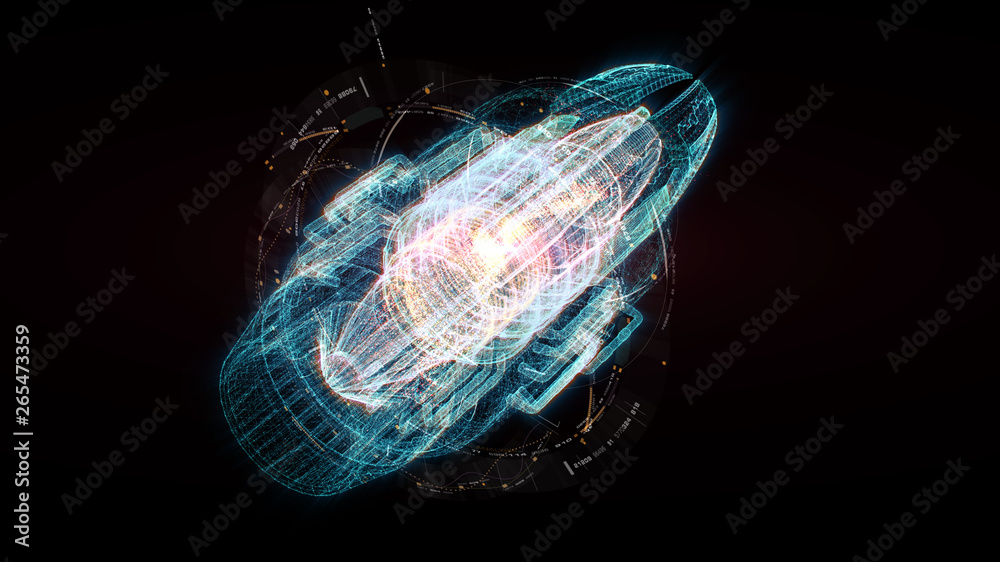 Aufkleber Advance motion graphic futuristic user interface head up display screen with Holographic electromagnetic machine with gravitational fields energy particles wave and digital data telemetry information 