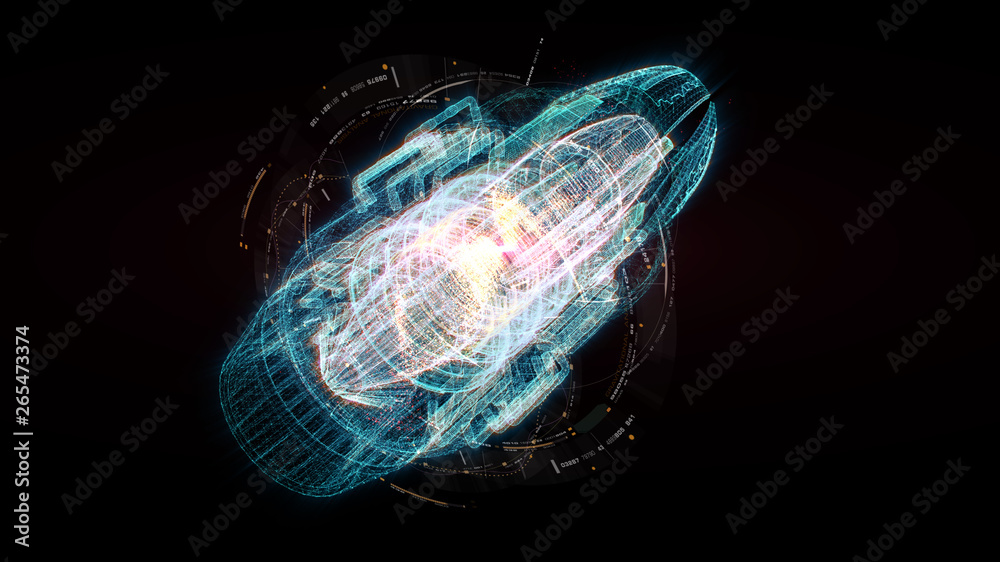Poster Advance motion graphic futuristic user interface head up display screen with Holographic electromagnetic machine with gravitational fields energy particles wave and digital data telemetry information 