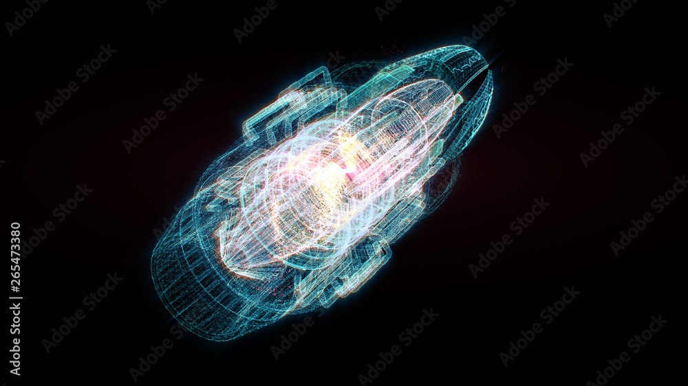 Aufkleber Advance motion graphic futuristic user interface head up display screen with Holographic electromagnetic machine with gravitational fields energy particles wave and digital data telemetry information 