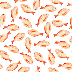 Seamless pattern with cute pink fish on white background. Hand drawn watercolor illustration. 