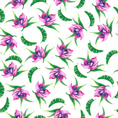 Seamless pattern with tropical banana leaves and pink orchid flowers on white background. Hand drawn watercolor illustration. 