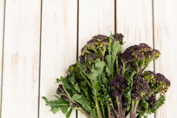 Purple Sprouting Broccoli on White Washed Wooden Background