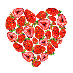 Gouache heart shaped strawberry. Hand-drawn clipart for art work and weddind design.