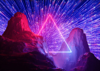 3d render, abstract futuristic neon background, pink blue fireworks, cosmic landscape, glowing...