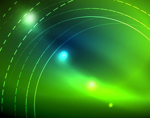 Blue neon circles, abstract circular lines. Glowing circle abstract pattern background