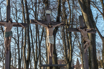 Crosses Jesus and the two thieves on Calvary. International Shrine of St. Anne, Mount St. Anna