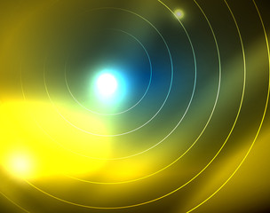 Blue neon circles, abstract circular lines. Glowing circle abstract pattern background