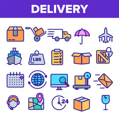 Delivery Line Icon Set Vector. Fast Transportation Service. Delivery 24 7 Logistic Support Icons. Express Order. Outline Web Illustration