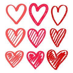 Hearts hand drawn set. Brush, marker, hatching