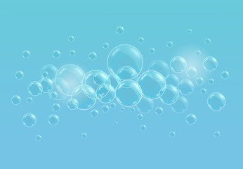Vector realistic blue background with transparent soap water bubbles, balls or spheres. 3D illustration.