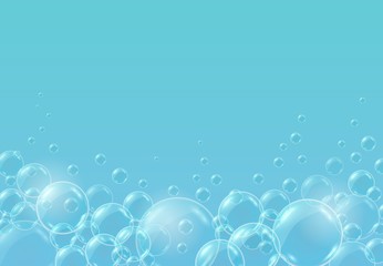 Vector realistic blue background with transparent soap water bubbles, balls or spheres. 3D illustration.