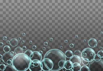 Vector realistic dark background with transparent soap water bubbles, balls or spheres. 3D illustration.