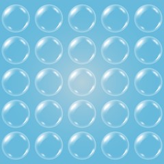 Vector realistic transparent soap water bubble pattern on a blue background. 3D illustration. EPS 10.