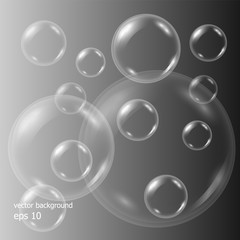Vector realistic dark background with transparent soap water bubbles, balls or spheres. 3D illustration. EPS 10.