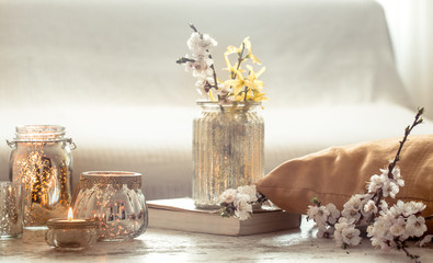still life flowers with decorative objects in the living room