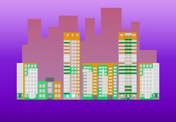 Vector illustration street of town on violet backgtround. Different high-rise building or houses in city.