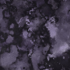 Violet ink and watercolor textures on white paper background. Paint leaks and ombre effects. Hand painted abstract image.