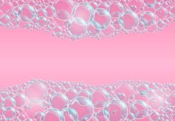 Vector realistic pink background with transparent soap water bubbles, balls or spheres. 3D illustration.