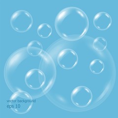 Vector realistic blue background with transparent soap water bubbles, balls or spheres. 3D illustration. EPS 10.