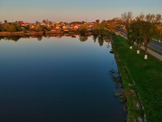 Aerial view of sunset above Nesvizh, Minsk Region, Belarus