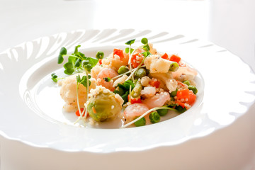 couscous with vegetables, shrimp and radish on a white plate