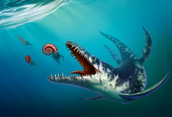 Kronosaurus was a marine reptile that lived in the ocean during the early Cretaceous period when dinosaurs. Water reptile realistic illustration. Giant ammonite and cameroceras.