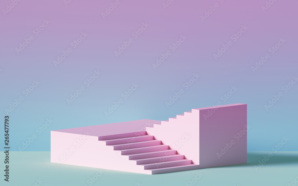 Wall mural 3d render, pink stairs, steps, abstract background in pastel colors, fashion podium, minimal scene, 