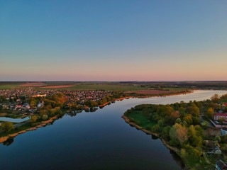 Aerial view of a sunset above Nesvizh, Minsk Region, Belarus