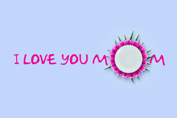 Happy Mother's Day, greeting card with a white plate and beautiful tulips. White background. Isolated Congratulatory background. Holiday card.