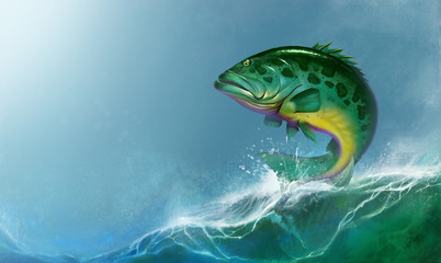Atlantic goliath grouper big fish on water. Atlantic goliath grouper big green fish jumps out of the waves realistic illustration background.