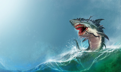Big monster shark jumping out of the waves realistic illustration. Scary monster shark attacks. © Konstantin Gerasimov