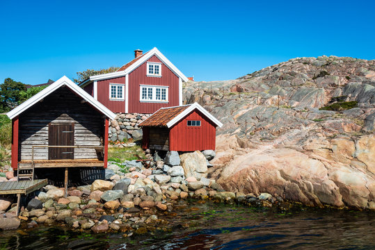 landscape, sweden, scenic, summer, lysekil, coast, sea, house, travel, blue, scandinavia, nature, red, water, coastline, tourism, rock, sky, outdoor, boathouse, bohuslan, no people, beautiful, vacatio