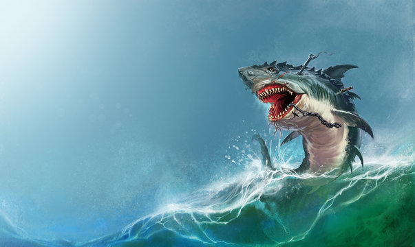 Big monster shark jumping out of the waves realistic illustration. Scary monster shark attacks.